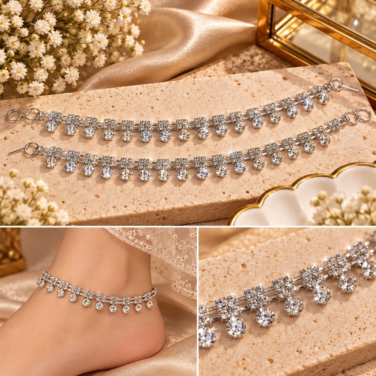Silver-Tone Crystal Charm Anklet