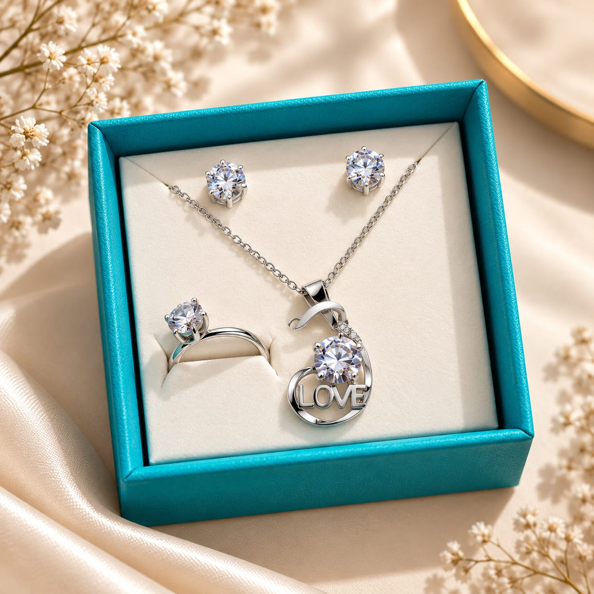 Elegant Crystal Jewelry Set for Women – Necklace, Earrings & Ring