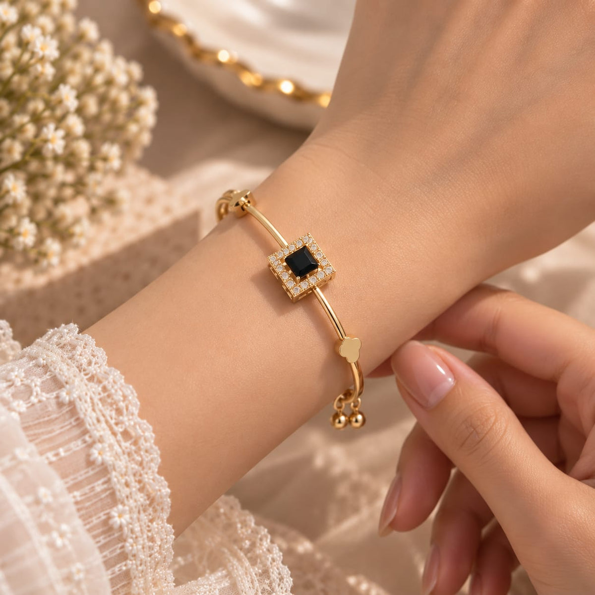Elegant Black Square Stone Golden Bracelet for Women