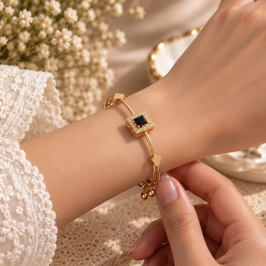 Elegant Black Square Stone Golden Bracelet for Women