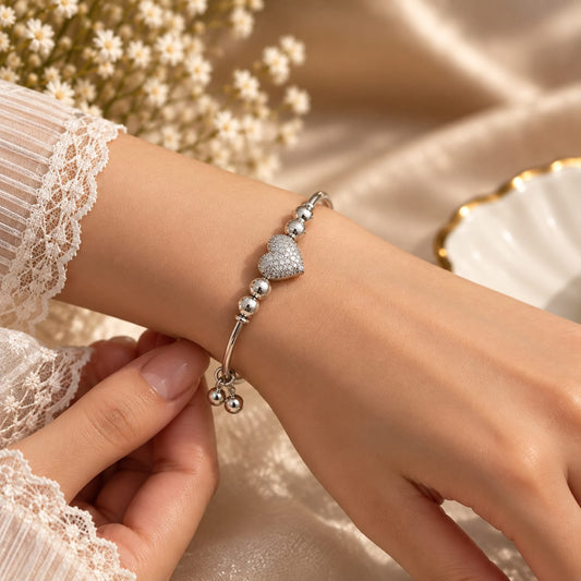 Elegant Heart Charm Silver Bracelet for Women