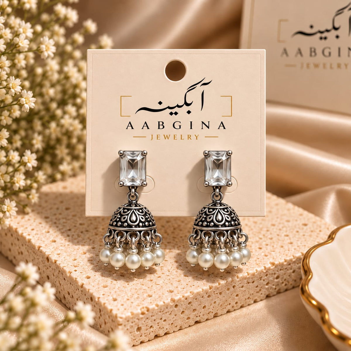 Antique Jhumka Earrings with Square Stone Stud