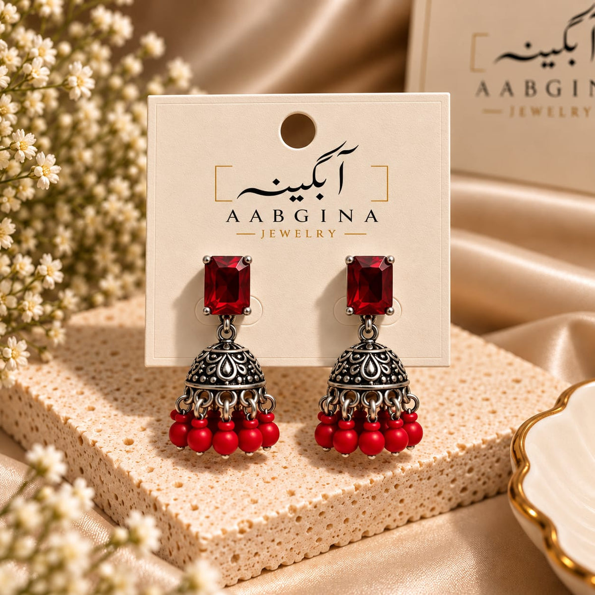 Antique Jhumka Earrings with Square Stone Stud