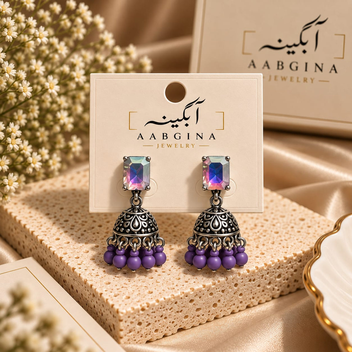 Antique Jhumka Earrings with Square Stone Stud