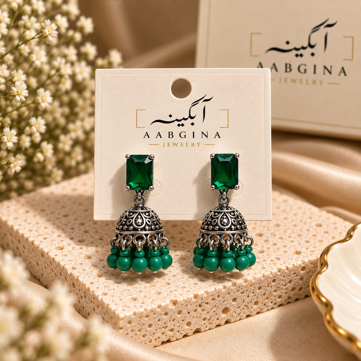 Antique Jhumka Earrings with Square Stone Stud