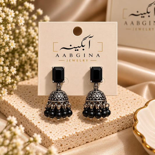 Antique Jhumka Earrings with Square Stone Stud