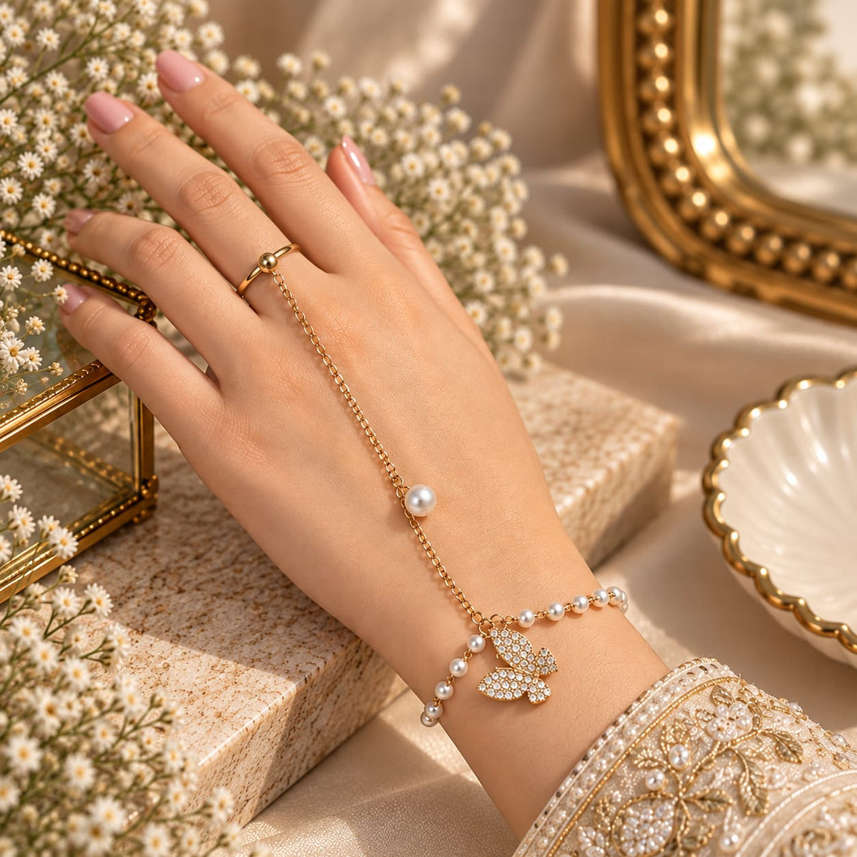 Pearl Charm Ring Hand Chain Bracelet for Women ✨