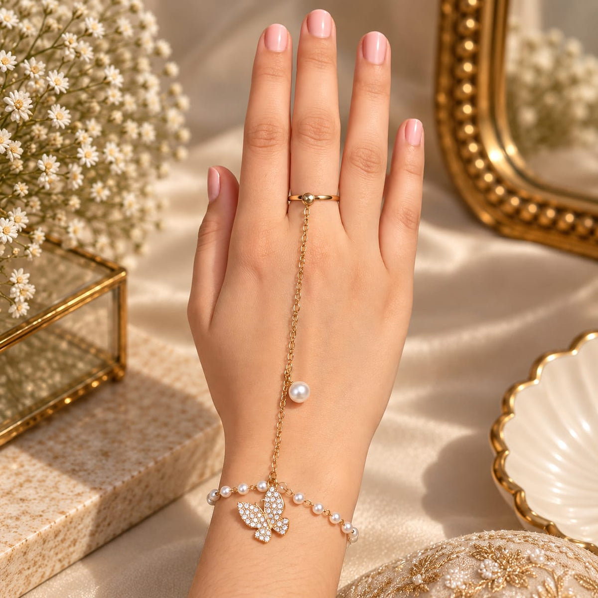 Pearl Charm Ring Hand Chain Bracelet for Women ✨